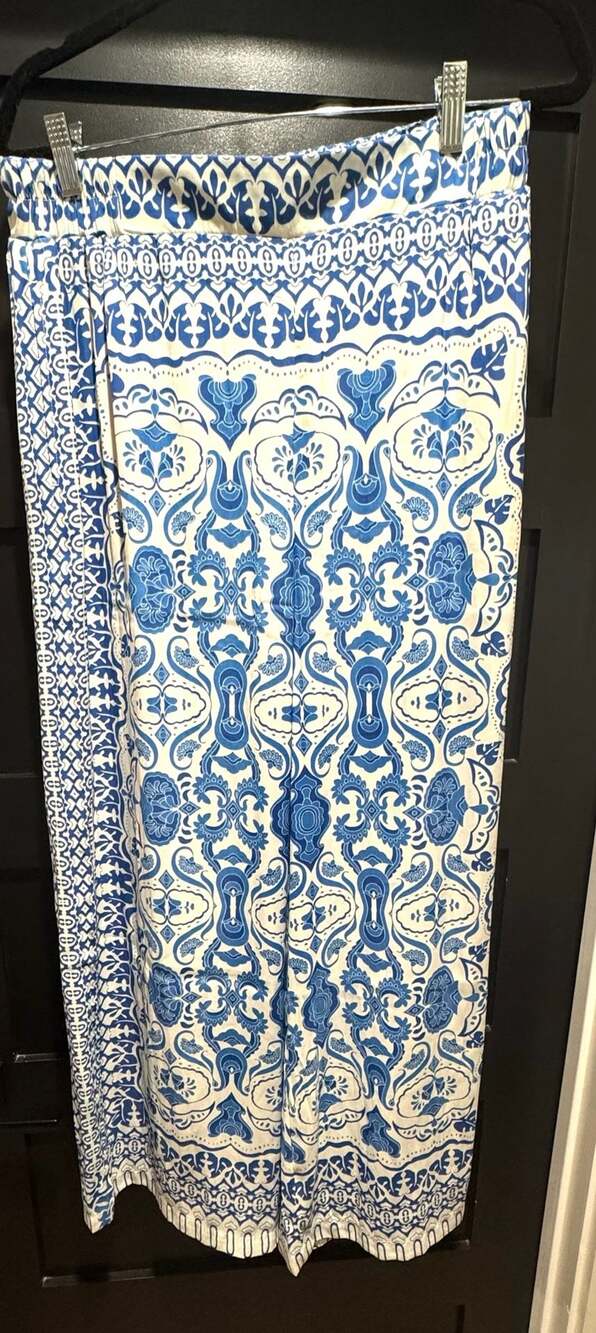 Rose + Olive Blue and White Patterned Wide Leg Pull-On Pants